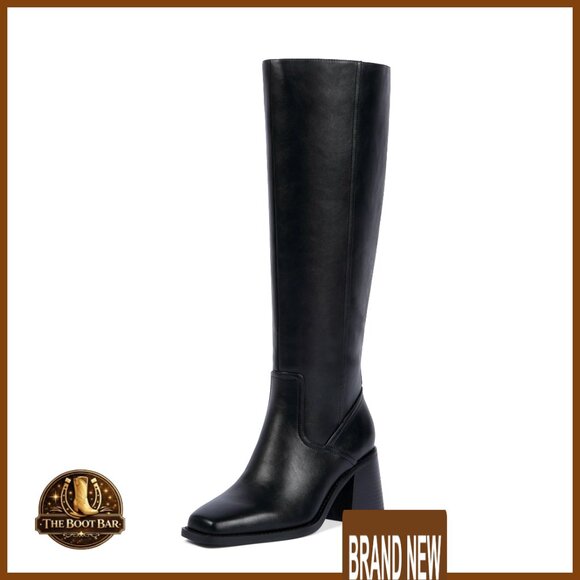 Knee High Boots Chunky Heel Square Toe Zipper Closure PU Leather Women's